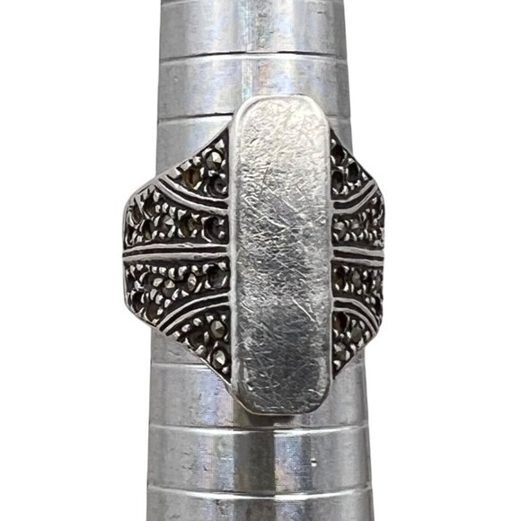 Vintage Sterling Silver Marcasite Signet Ring Size 7.75 925 Statement 6.99g LOOK - Picture 7 of 15